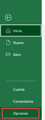 Menú Opciones en Excel