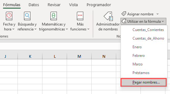 Menú Pegar Nombres de Rango en Excel