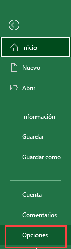 Menú de Opciones en Excel