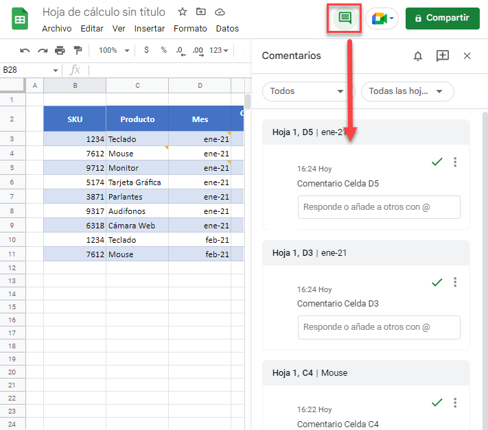 Mostrar Todos los Comentarios en Google Sheets 