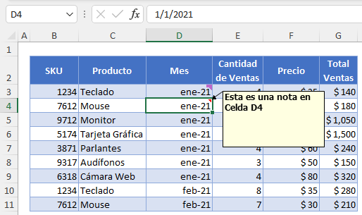 Nota Inserta en Excel