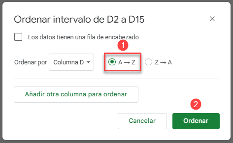 Ordenar Intervalo Ventana Emergente en Google Sheets