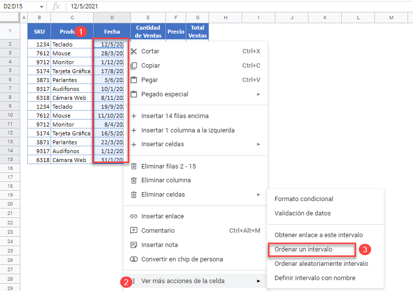 Ordenar Intervalo con Botón Derecho en Google Sheets