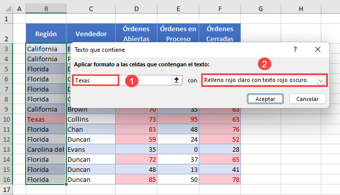 Regla Resaltar Celdas con Texto que Contiene en Excel