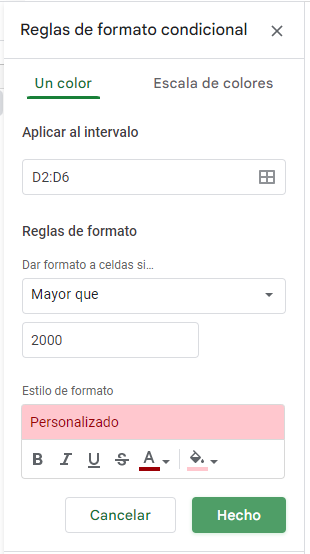 Regla de Formato Condicional Modificada en Google Sheets