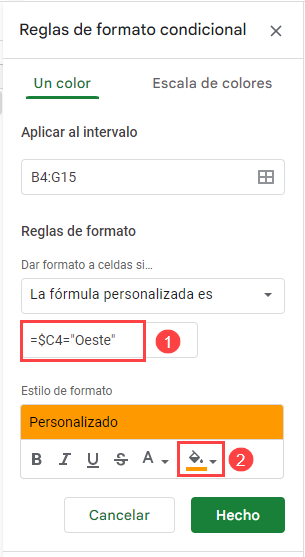 Regla de Formato Condicional en Google Sheets