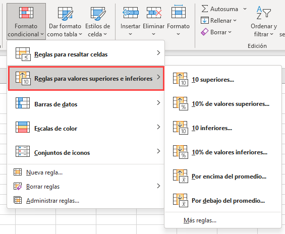 Reglas para Valores Superiores e Inferiores en Excel