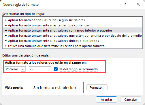 Reglas primeros 25 Porciento Valores Rango Seleccionado en Excel