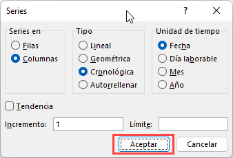 Rellenar a través de Cinta de Opciones Cuadro de Dialogo Series