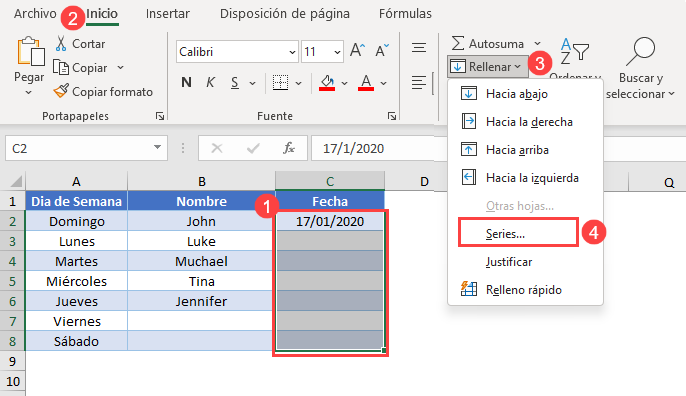 Rellenar a través de Cinta de Opciones en Excel