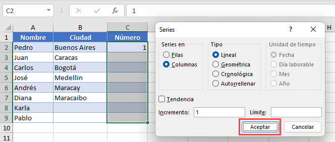 Relleno Automático Mediante el Comando Relleno Paso2 en Excel