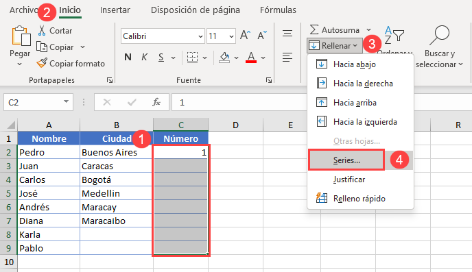 Relleno Automático Utilizando el Comando de Relleno en la Cinta de Opciones en Excel