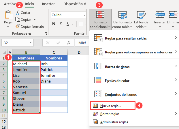 Resaltar Celda Si Valor Existe en Otra Columna Paso1 en Excel