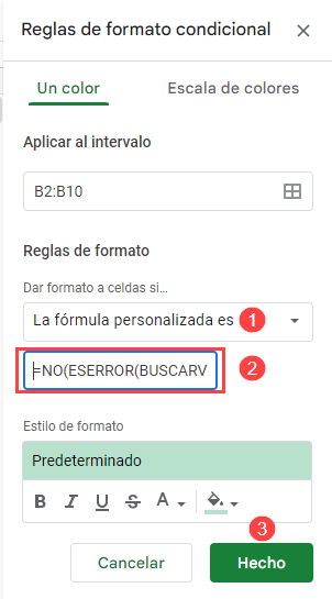 Resaltar Celda Si Valor Existe en Otra Columna Paso2 en Google Sheets