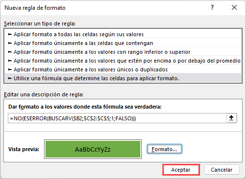 Resaltar Celda Si Valor Existe en Otra Columna Paso4 en Excel