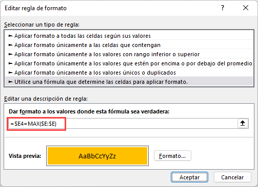 Resaltar Condicional Formula MAX en Excel