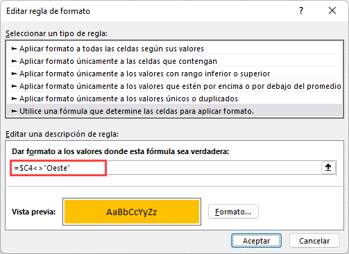 Resaltar Condicional Formula No Igual a en Excel