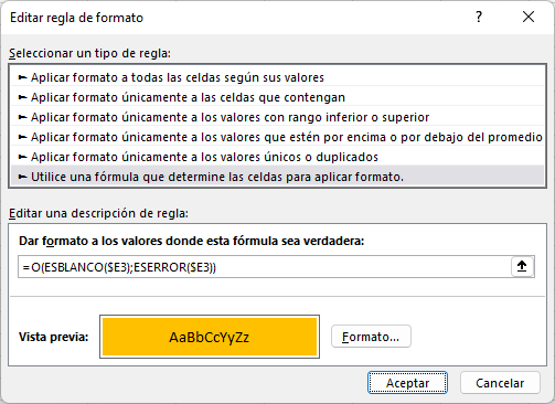 Resaltar Condicional Formula O ESBLANCO ESERROR en Excel