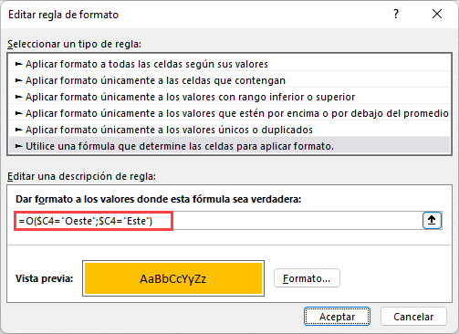 Resaltar Condicional Formula O en Excel