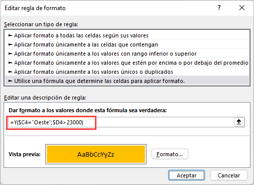 Resaltar Condicional Formula Y en Excel