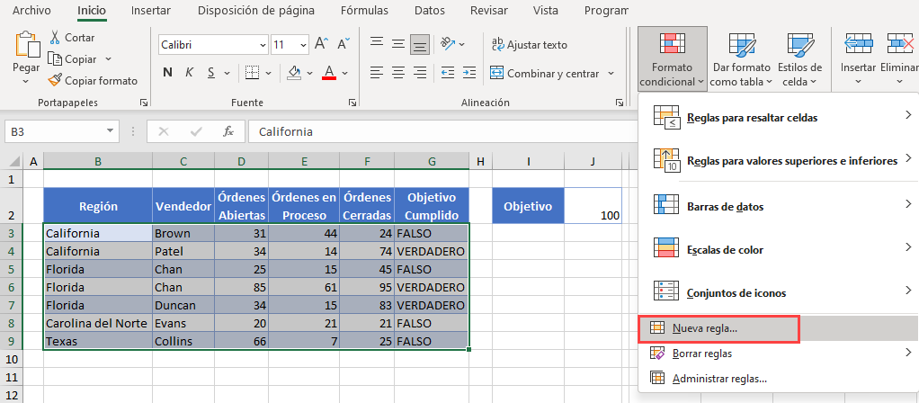 Resaltar Toda la Fila Nueva Regla en Excel