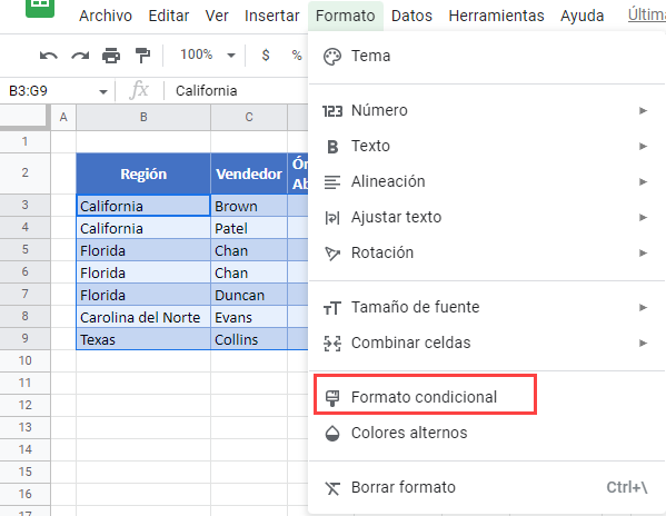 Resaltar Toda la Fila en Google Sheets Paso1