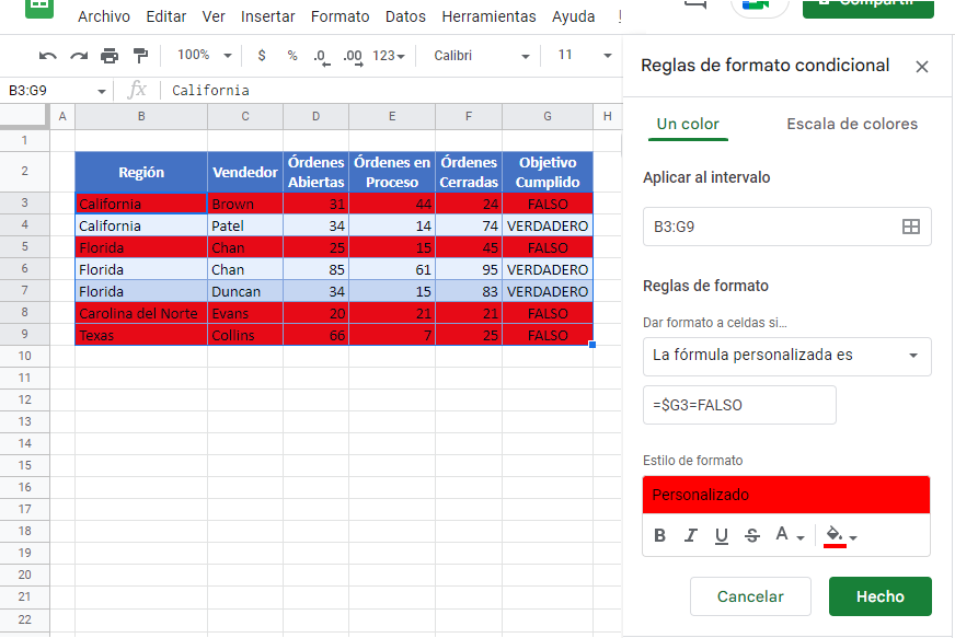 Resaltar Toda la Fila en Google Sheets Resultado