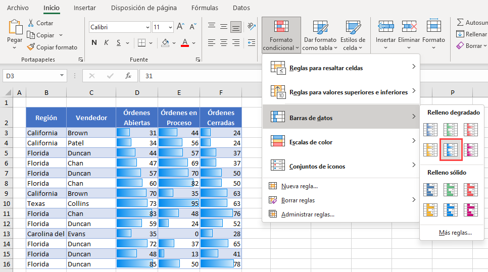 Resaltar Valores Barras de Datos en Excel