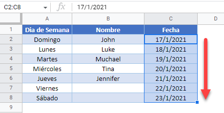 Resultado Autorelleno de Fechas en Google Sheets