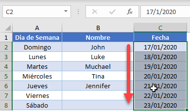 Resultado Rellenar a través de Cinta de Opciones en Excel