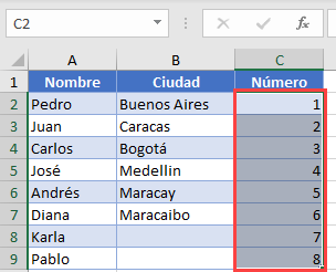 Resultado Relleno Automático Mediante el Comando Relleno en Excel