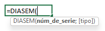 Sintaxis Función DIASEM en Excel