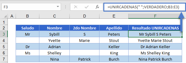 UNIRCADENAS para Ignorar Espacios en Blanco 02 en Excel