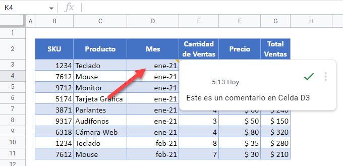 Ver un Comentario en Google Sheets