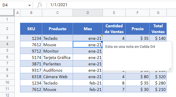 Ver una Nota en Google Sheets