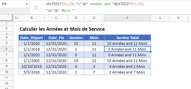 annees de service google sheets 2