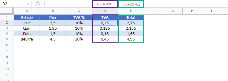 calculer taxe tva google sheets