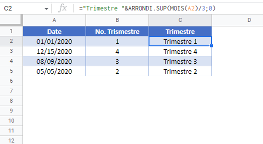 calculer trimestre date google sheets