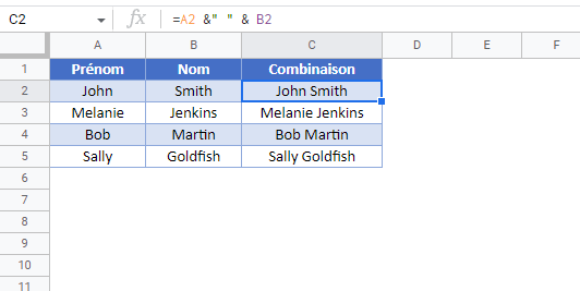 combiner noms prenoms google sheets