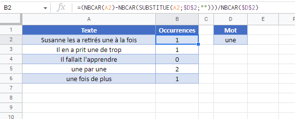 compte nombre occurences mot cellule google sheets