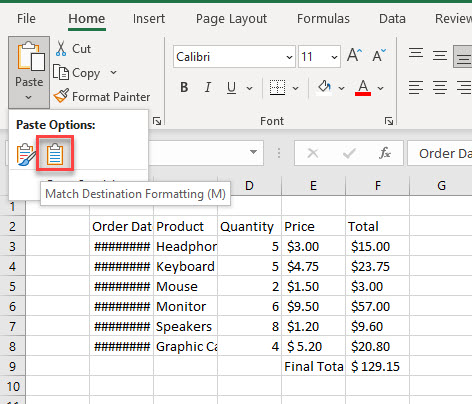 copy word table paste no format