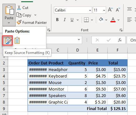 copy word table paste with format