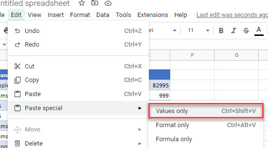 fill blank cells gs paste values