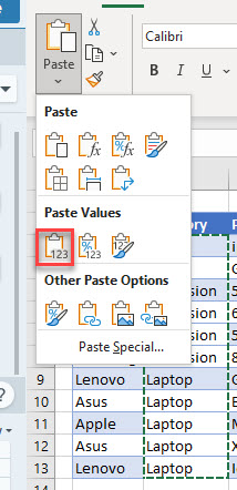 fill blank cells paste values