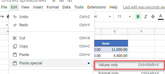 formula to values gs paste special