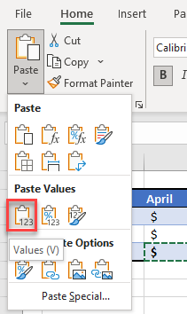 formula to values paste cells