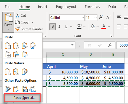 formula to values select paste special
