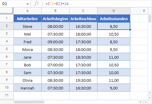 geleistete arbeitsstunden berechnen google sheets