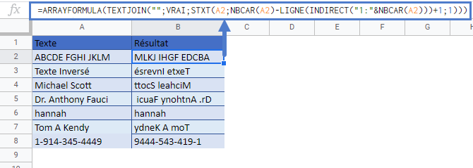 inverser texte google sheets