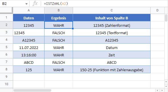 istzahl formel google sheets